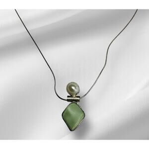 IJC Italy 925 Sterling Green Stone Pearl Pendant Necklace 28” Chain